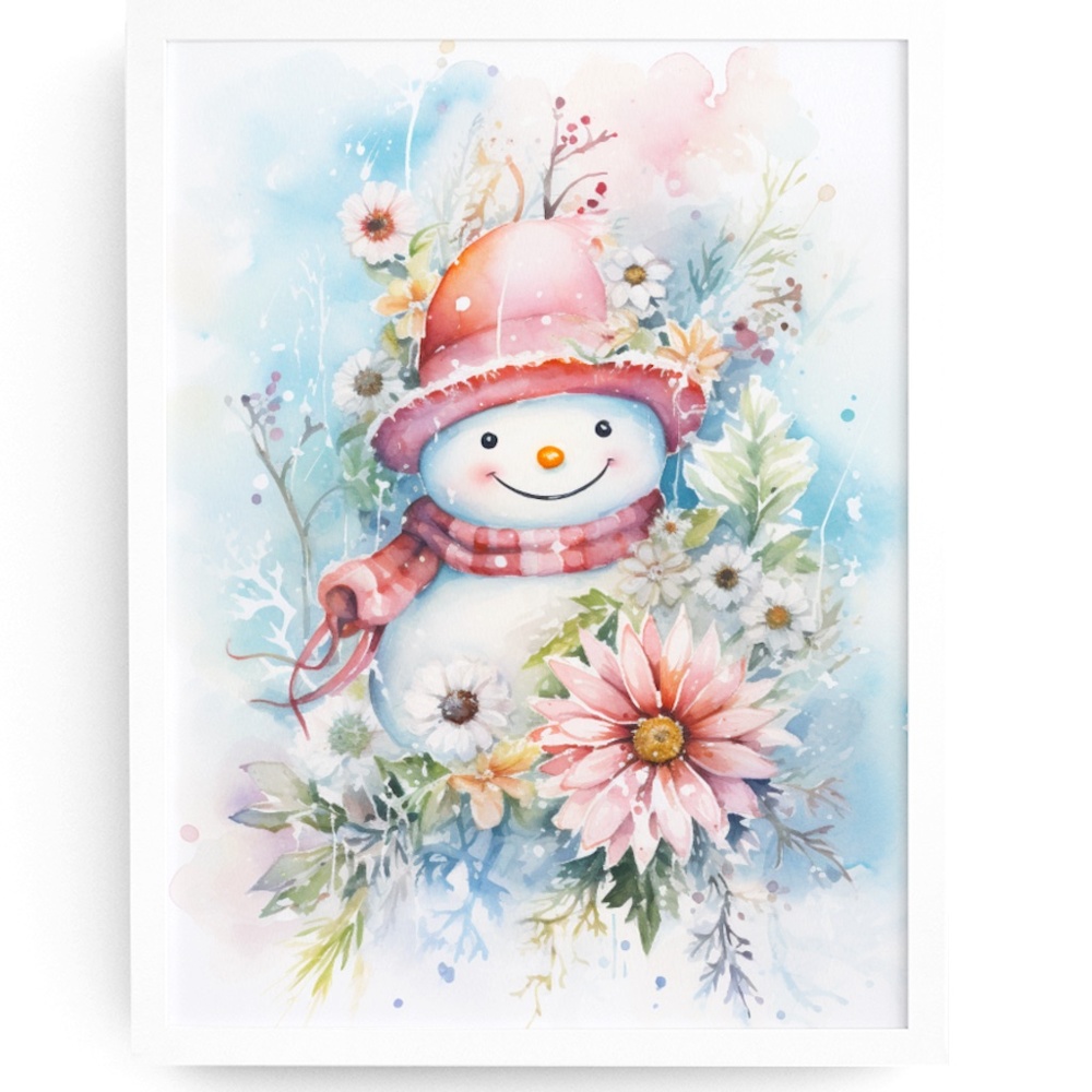 Watercolor Snowman Christmas Theme Wall Art Illustration Print Unframed
